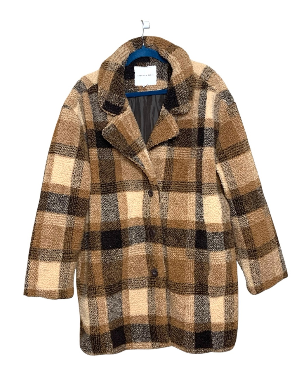 American Eagle Brown Plaid Teddy Sherpa Pea Coat Sz XL Button Front Cabin Shack